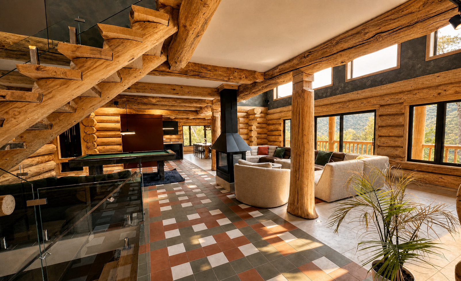 Intérieur chaleureux d'une maison en bois rond Bois Rond Tucson