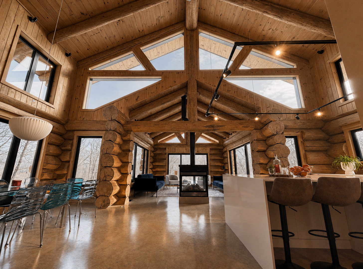 Intérieur du modèle Roby avec charpente en bois rond, grande fenestration, foyer central et cuisine ouverte