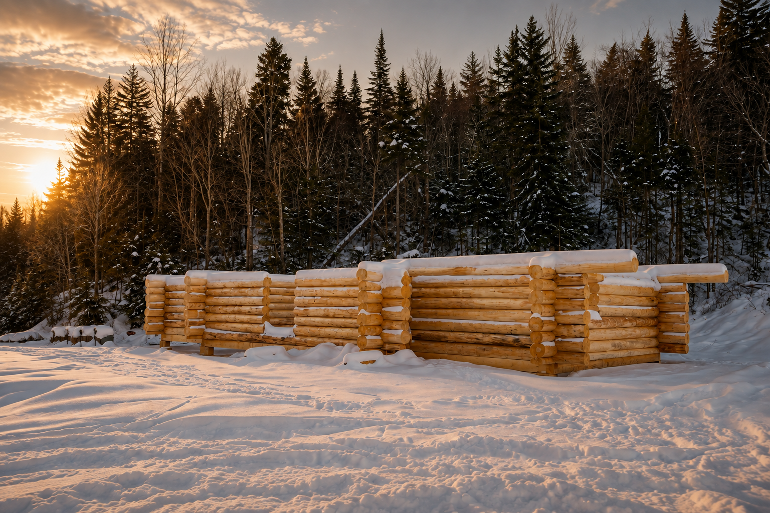 Structure en bois rond en cours de fabrication au coucher du soleil
