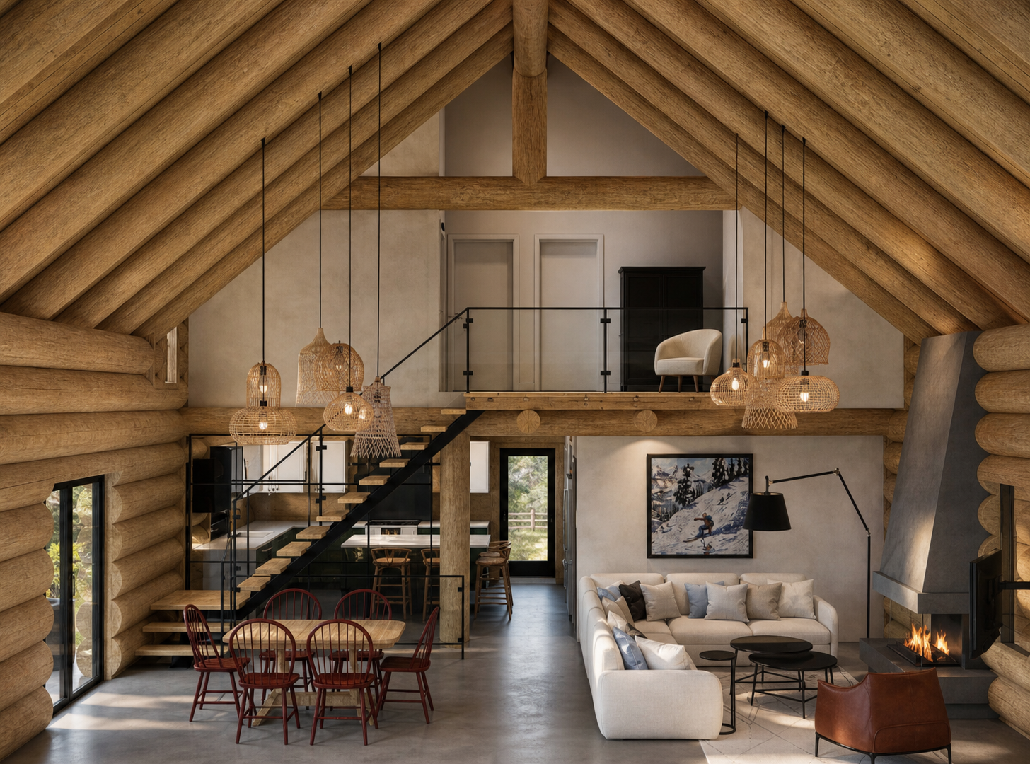 Intérieur du modèle Peyto avec charpente en bois rond, mezzanine et aire de vie ouverte
