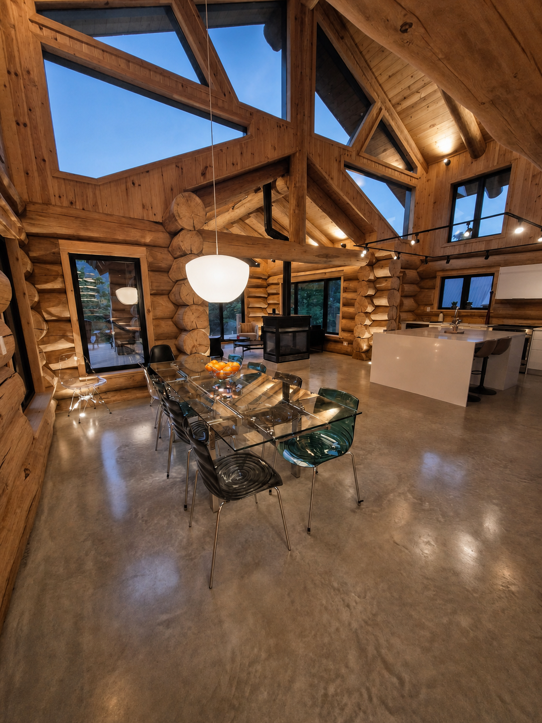 Intérieur complété d'une structure Tucson en bois rond avec poutres apparentes et grande fenestration