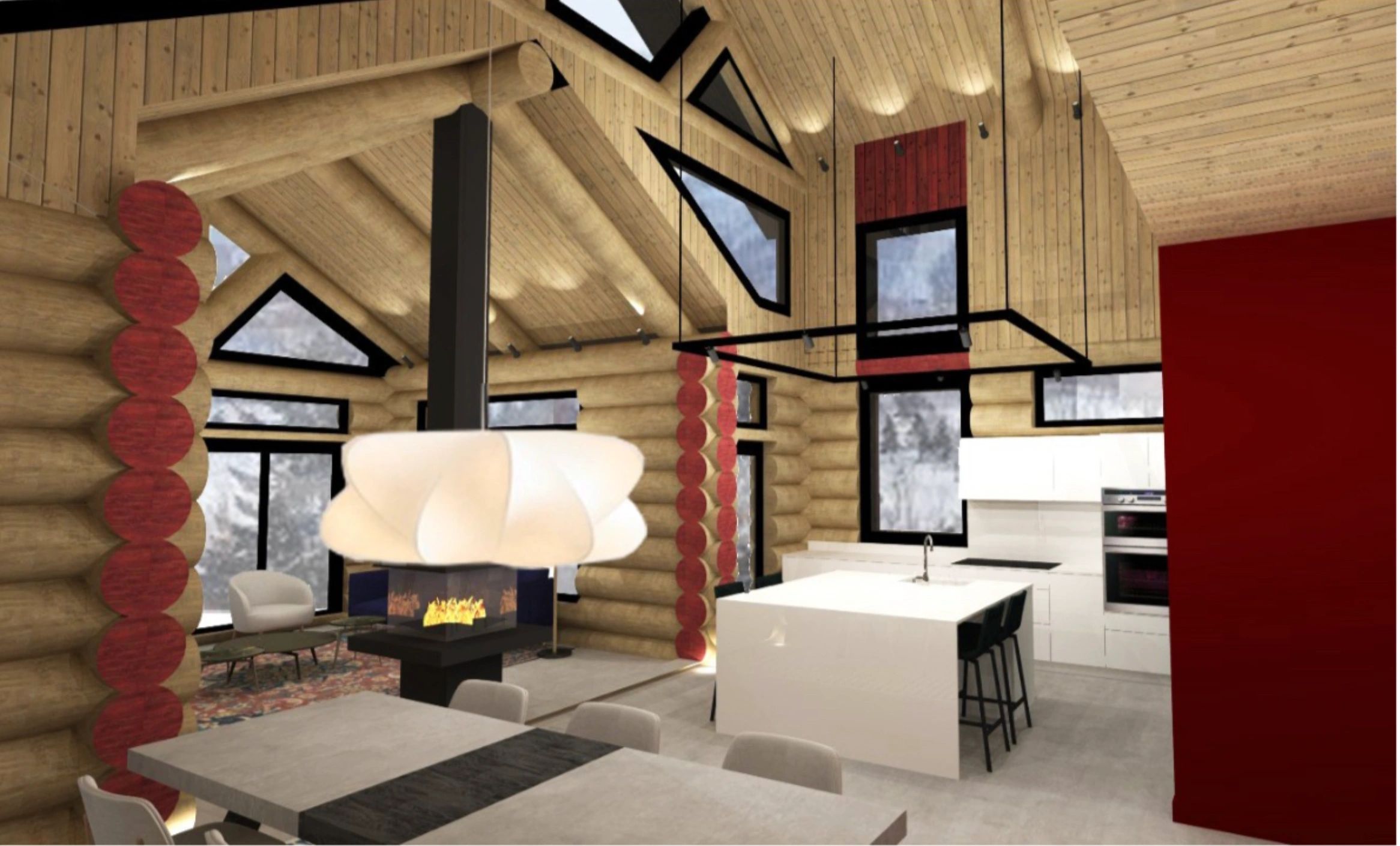 Cuisine et salle à manger moderne dans une maison en bois rond